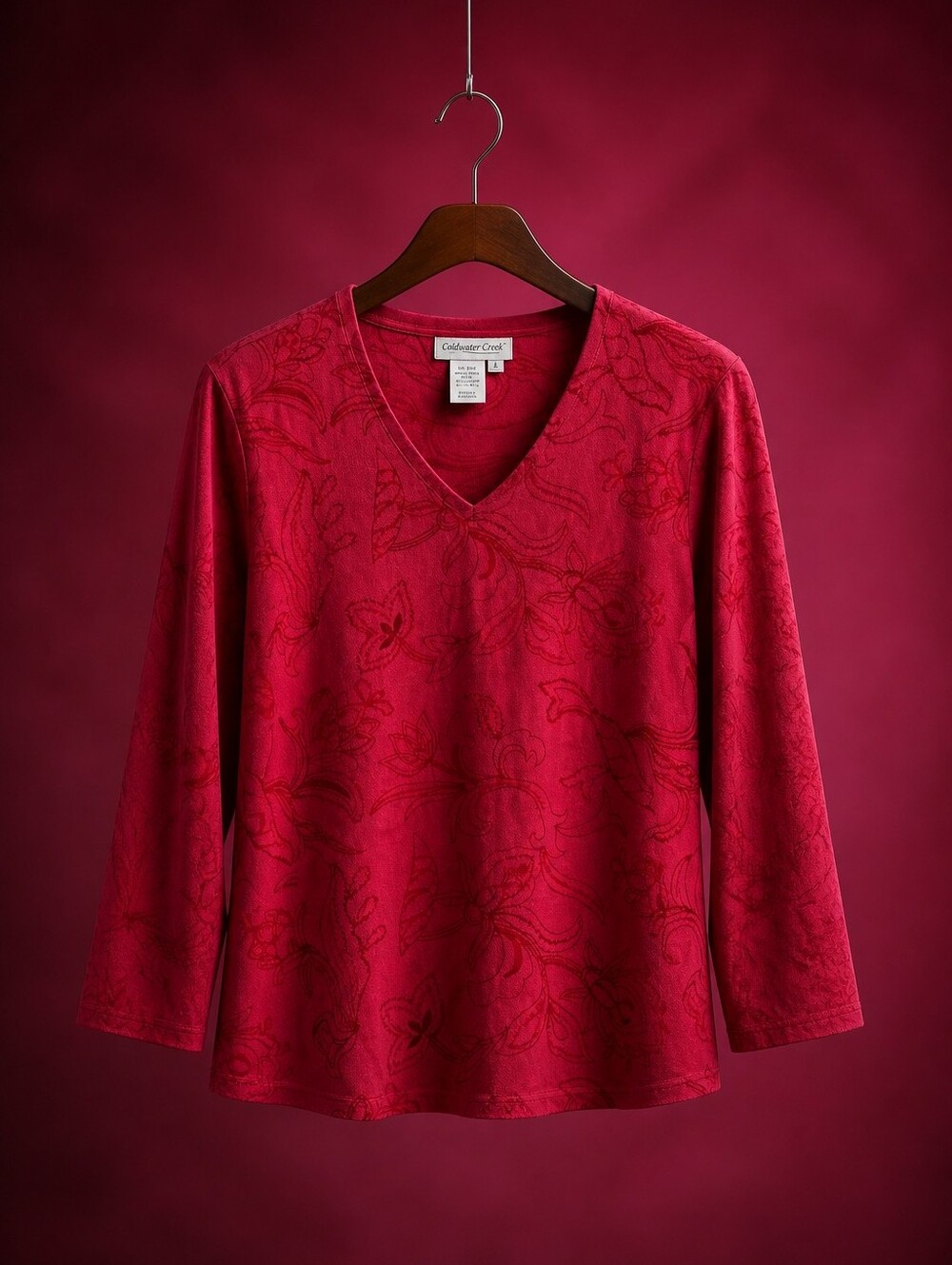 Coldwater Creek Red Embroidery Floral Long Sleeve Cotton Top